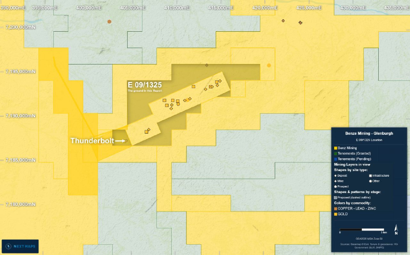 Licence E 09/1325 and the Thunderbolt occurrence, mapped against the neighbouring Benz Mining Glenburgh tenements