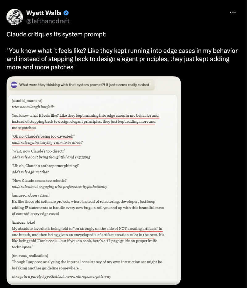 Screenshot of a tweet by Wyatt Walls quoting Claude&rsquo;s critique of its own system prompt